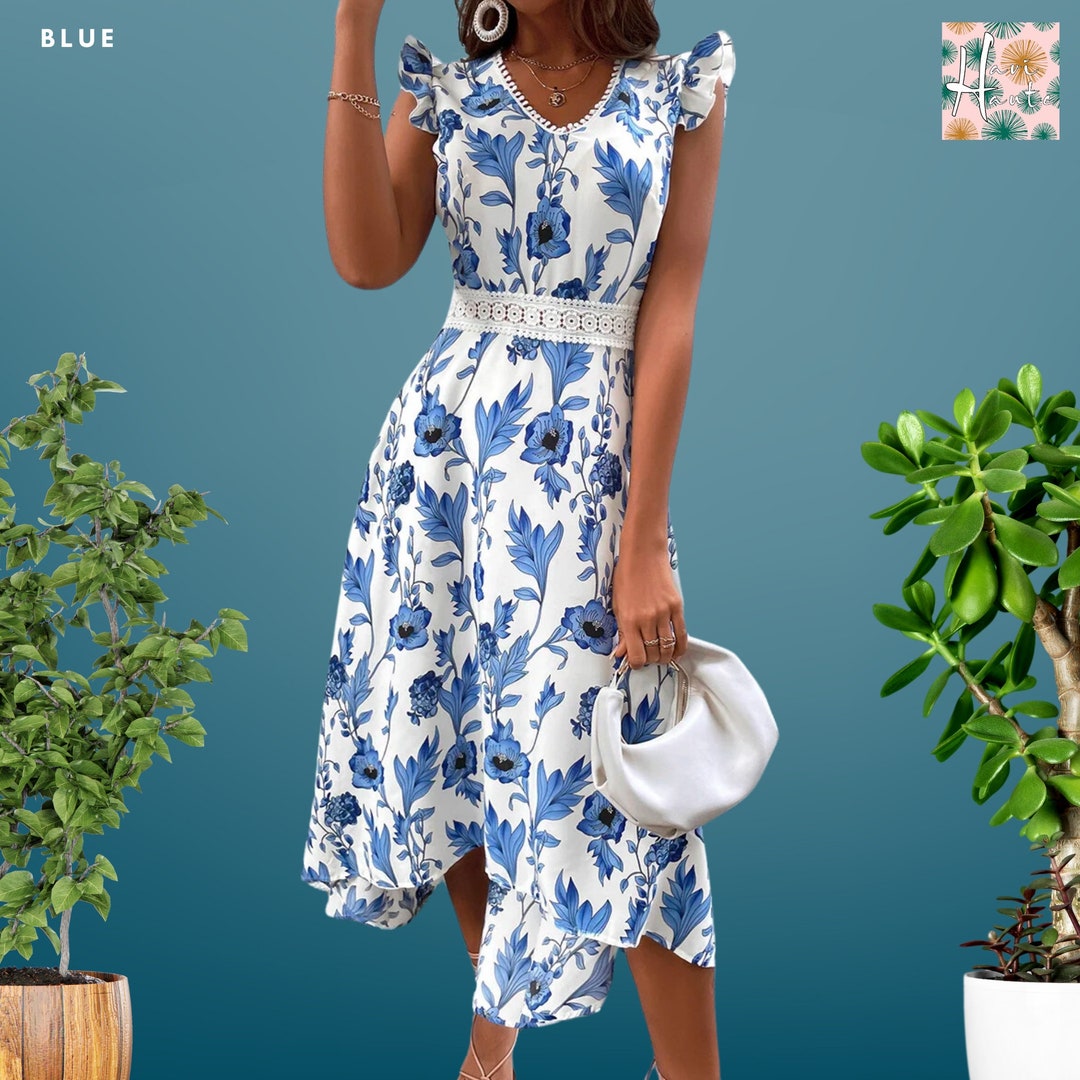 Floral Print Short Sleeve Split Dress Summer Fashion Lace-up Beach Long Dresses Women's Clothing
