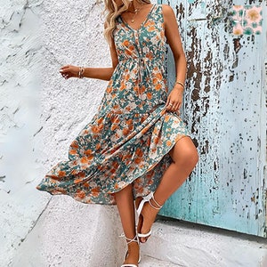 Elegant Floral Long Dress Women, Summer Casual Sleeveless Ruffle Beach Dress, Women Floral Beach Maxi Dress, Casual Summer Beach Maxi Dress zdjęcie 2