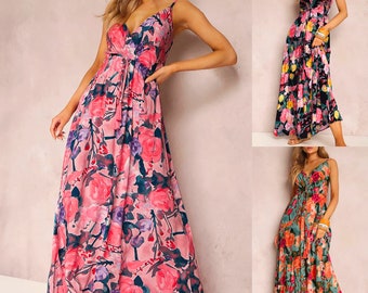 Boho Flower Print Spaghetti Strap Dress, Summer Boho Women Maxi Dress, Beach Sundress Vestidos, Backless Sling Holiday Maxi Dress