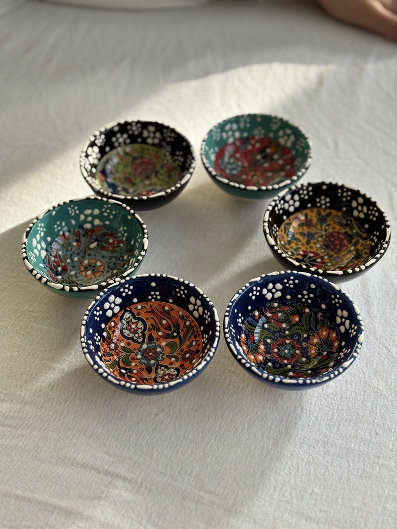 6x Handmade Set of Turkish Ceramic Bowls, Pottery Snack Bowls, Wedding favors, bridal gift bowl, mezze set, breakfast set , Mothers day gift zdjęcie 5