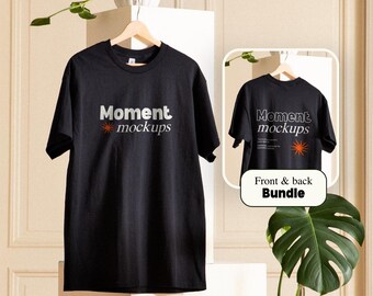 May include: Black t-shirt mockup with the text "Moment mockups" printed on the front. The t-shirt is hanging on a hanger and is displayed against a white background. The image also shows the back of the t-shirt with the same text printed on it. The text "Front & back Bundle" is written below the image.