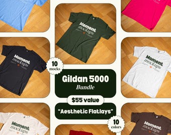 May include: A bundle of 10 Gildan 5000 t-shirts in various colors, including light blue, red, green, black, gray, white, brown, and red. Each shirt features the text "Moment Mockups" printed on the front.