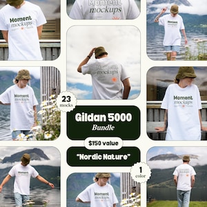 Gildan 5000-bundel wit overhemd mockup lifestyle mockup model mockup outdoor mockup trendy natuur mockup POD esthetische mockup oversized T-shirt