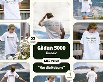 Gildan 5000 Bundle white shirt mockup lifestyle mockup model mockup outdoor mockup trendy nature mockup POD aesthetic mockup oversized tee