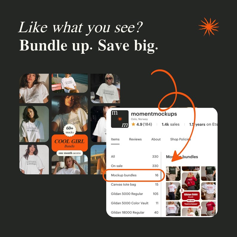 May include: A promotional image with the text "Like what you see? Bundle up. Save big." and a selection of t-shirt mockups. The image also shows a shop's Etsy page with various product categories, including "Mockup bundles."