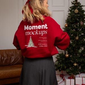 Gildan 18000 crewneck red christmas model mockup holiday mockup winter christmas mock-up POD lifestyle real model mock up holiday sweater
