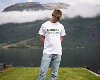 Maquette de t-shirt blanc Gildan 5000 : style de vie en plein air (PSD et JPG)