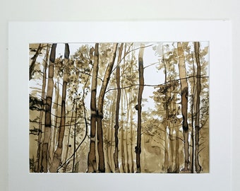 Encantador bosque de Casentino, pintura toscana, pintura original en tinta ferrogálica, pintura en tinta.