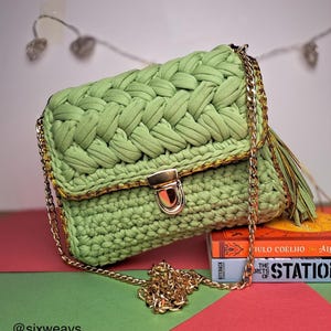 DEE Crochet Handmade Crossbody Bag Luxury Bag Mint Bags for Her Gift Bags Crochet Fashion Bags Chunky T-Shirt Yarn Bag 100% Cotton Bag Gift