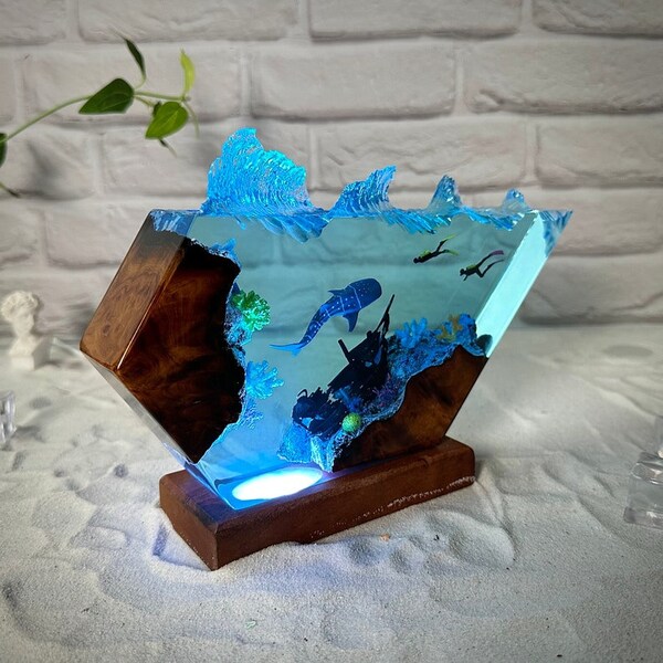 Epoxy Resin Ocean Lamp, Whale shark and Couple Diver Night light, Resin Wood lamp, Free Diving, Unique Gift, Home decor, Christmas gift