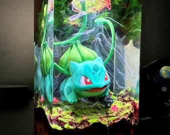 Lampe époxy Bulbasaurr Pokemonn, veilleuse en bois, lampe époxy en résine, veilleuse personnalisée, diorama artistique, cadeau de pendaison de crémaillère, cadeaux de Noël