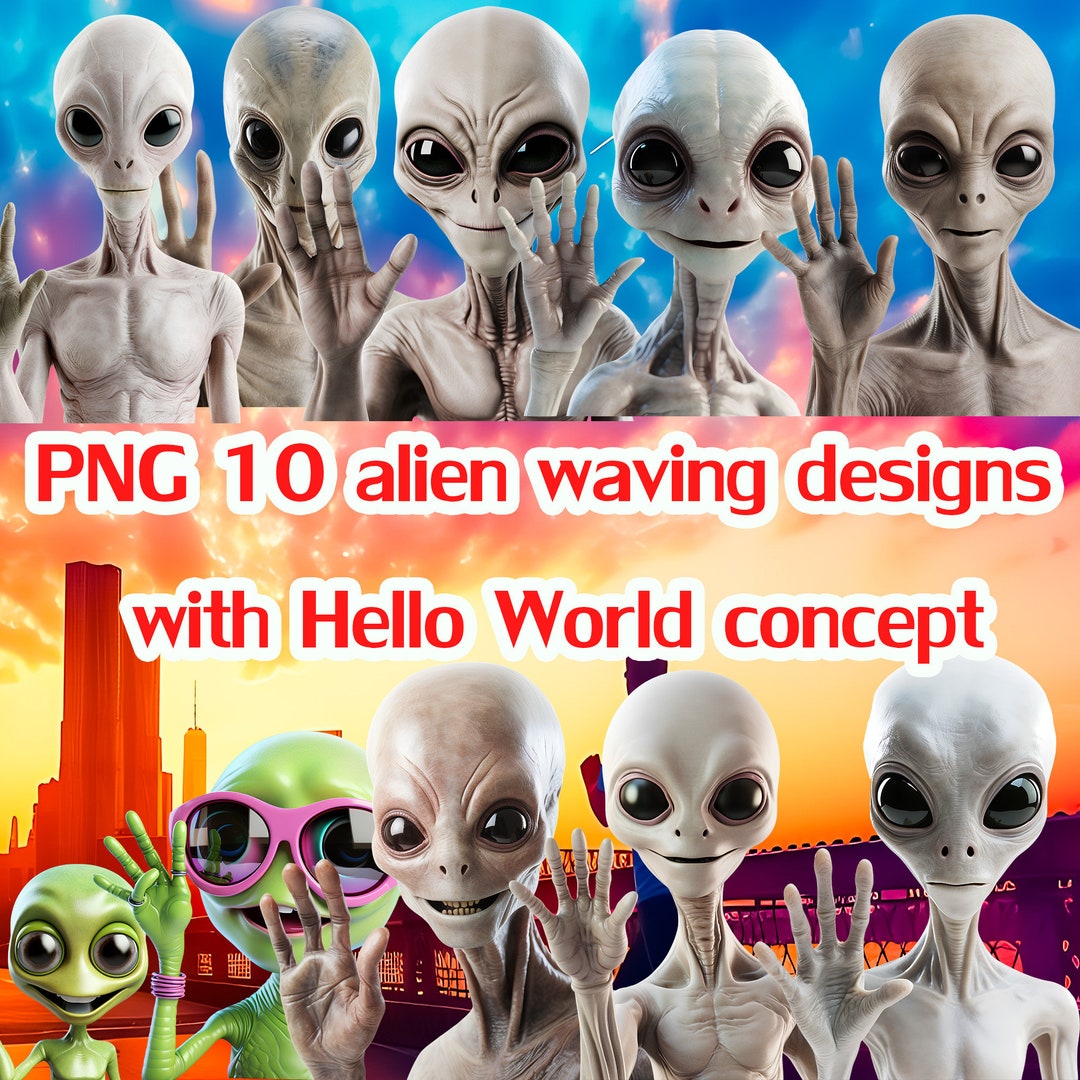 Alien Hello 10 PNG Alien Waving Designs With the Concept of Hello World for Use in ...