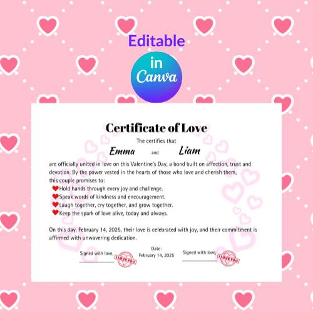編集可能な愛の証明書、印刷可能なバレンタインデーギフトデジタルダウンロードNo.4 - Etsy 日本
