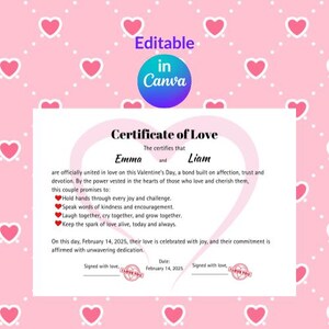 Certificado de amor, regalo de San Valentín editable e imprimible, descarga digital n.° 1