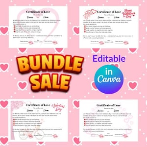 Paquete de Certificado de amor imprimible y editable, regalo de San Valentín, descarga digital
