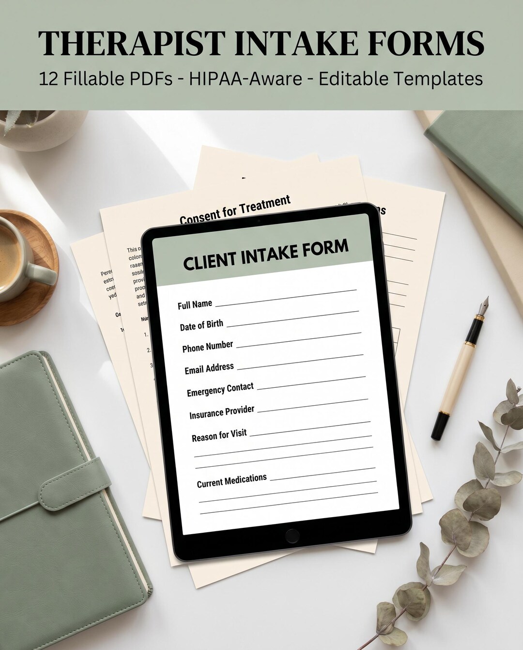 Therapist Intake Forms Bundle, 12 Fillable Pdfs, Hipaa-aware, Private ...