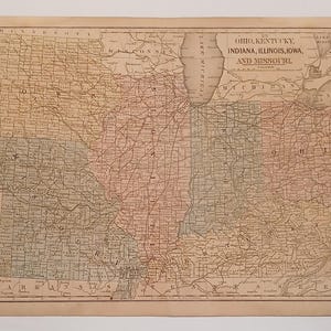 Carte des États du centre des États-Unis colorée à la main par Mitchell, époque reconstruction de la guerre de Sécession ancienne ; KY, dans, il, mi