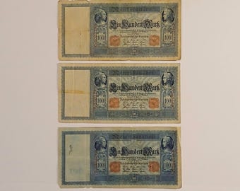 ドイツ帝国旧紙幣7枚ロット販売 ヴィンテージ 希少 1908年 流通量少 ドイツ帝国皇帝 巨大 100 マルク