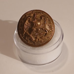 Op de afbeelding: Een bronzen knoop met een reliëf adelaarsontwerp, gepresenteerd in een doorzichtige plastic container. De knoop heeft een adelaar met uitgespreide vleugels, een schild en andere details. De knoop is rond en lijkt van metaal te zijn.