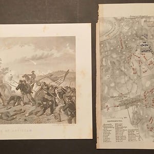 Impression de la guerre civile de 1865 et carte coloriée à la main de la bataille d'Antietam par S. Sartain