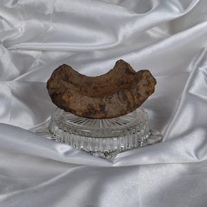May include: A crescent-shaped, rusted iron fragment with a rough, textured surface resting on a clear, circular glass stand with a faceted, radial pattern. The object is curved, showing signs of oxidation and age, positioned centrally on the base.