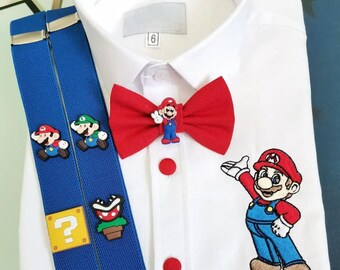 Super Mario Embroidered Shirt Set: Kids Bow Tie & Suspenders