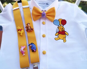 Personalized Winnie the Pooh Outfit: Embroidered Baby Boy Shirt, Bow Tie & Suspenders
