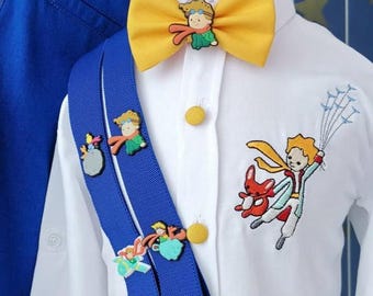 Embroidered Little Prince Outfit: Starry Night Shirt, Bow Tie & Suspenders