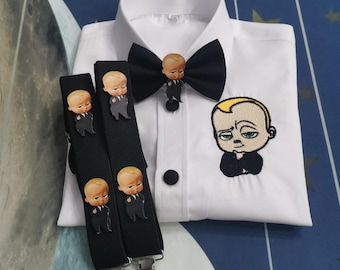 Custom Boss Baby Embroidered Boys Shirt Set,  Boss Baby Kids Shirt, Bow Tie & Suspenders for Birthdays and Photoshoots, Toddler Outfit