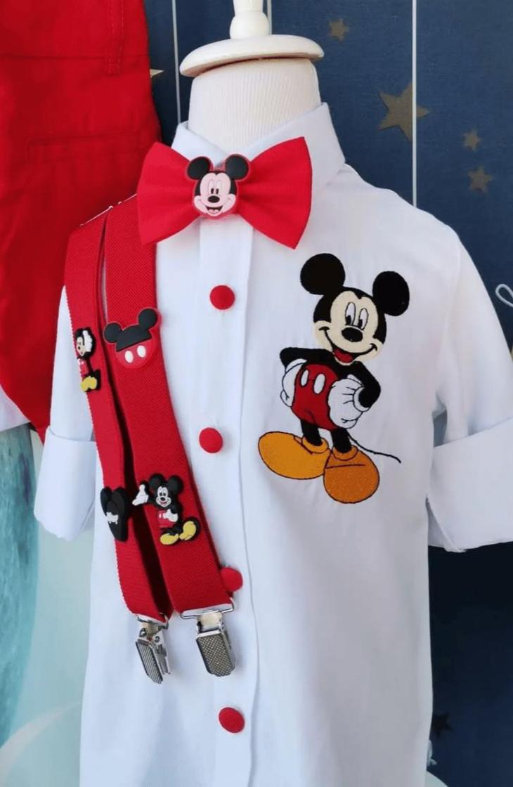 Mickey Mouse Shirt Set: Hand-Embroidered Bow Tie & Suspenders