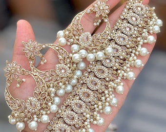MOON antieke Indiase Polki bruids bruiloft sieraden in goud | Ketting, oorbellen en Tikka met Kundan Polki-accenten Bruiloftsfeesten