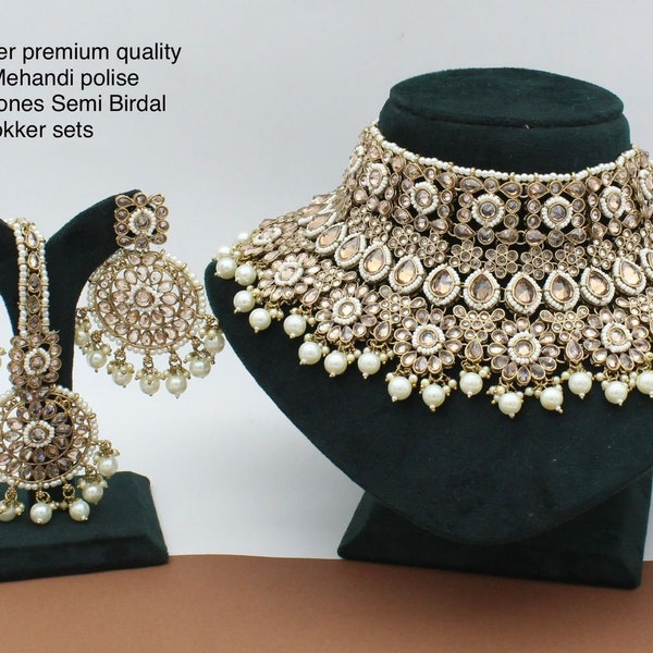 Crystals pearls choker necklace studs earrings,Asian Bridal Wedding Bollywood jewelry ethnic Indian Pakistani punjabi jewelry