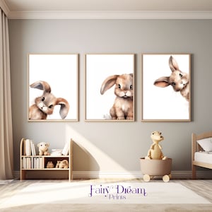 Bunny Nursery Prints Set of 3, Baby Bunny Animal Wall Art, Girl Nursery Decor, Baby Shower Gift Digital Prints zdjęcie 1