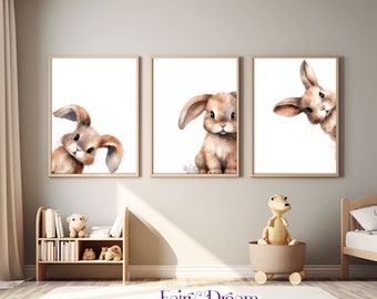Bunny Nursery Prints Set of 3, Baby Bunny Animal Wall Art, Girl Nursery Decor, Baby Shower Gift Digital Prints