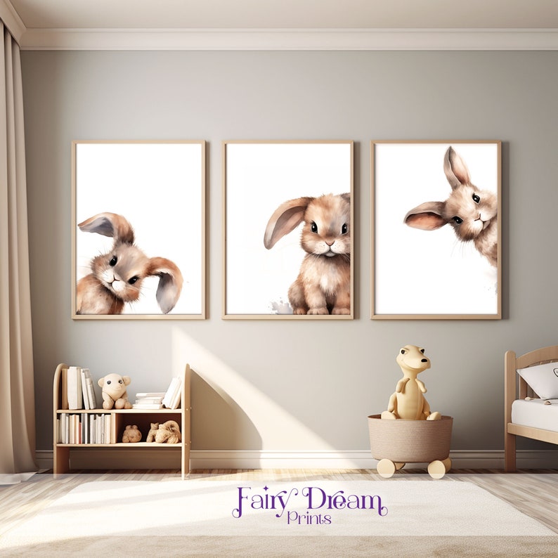 Bunny Nursery Prints Set of 3, Baby Bunny Animal Wall Art, Girl Nursery Decor, Baby Shower Gift Digital Prints zdjęcie 1