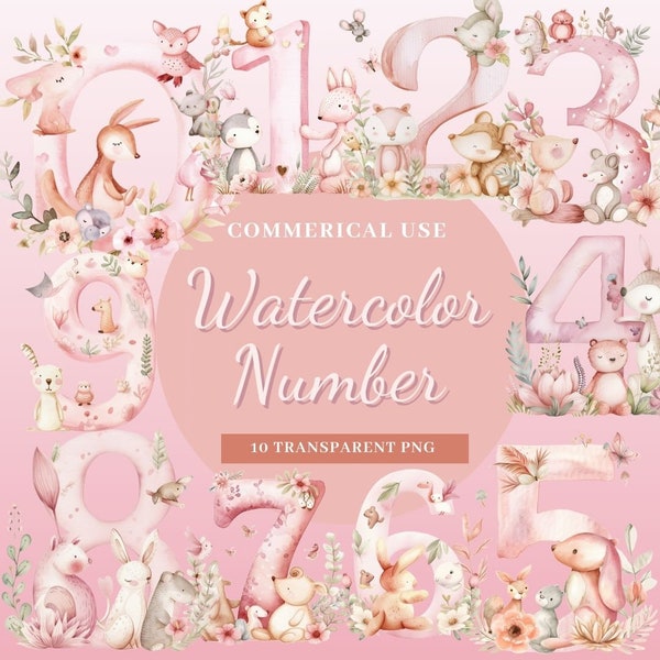 Watercolor Pink Number with Animal for Girls Clipart Set