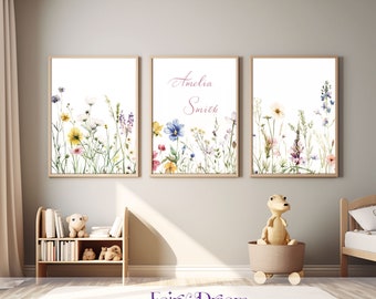 Floral Boho Baby Digital Print, Wildflower Fairy Nursery Prints Set, Custom Newborn Name Sign, Girl Nursery Wall Art, Personalized Gift