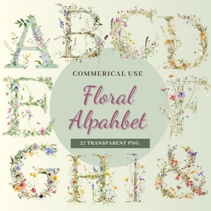 Alfabeto floral en acuarela, descarga digital, fuente de monograma, decoración de pared para guardería, PNG para uso comercial gratuito