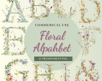 Watercolor Floral Alphabet Clipart, Monogram Font (Digital Download)