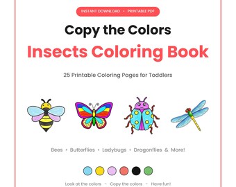 Insect Coloring Pages for Toddlers | Bug Coloring Book Printable PDF | Copy the Colors Preschool Activity Digital Download | Nature Activity