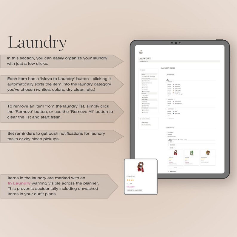Wardrobe Manager Notion Template, Digital Wardrobe Planner, Clothing Tracker, Closet Declutter Cleanout Organizer, Travel Outfit Planner, Cost Per Wear, Outfit Tracker, Wardrobe Planner, Decluttering Planner, Notion Planner, Laundry Schedule, Fashion
