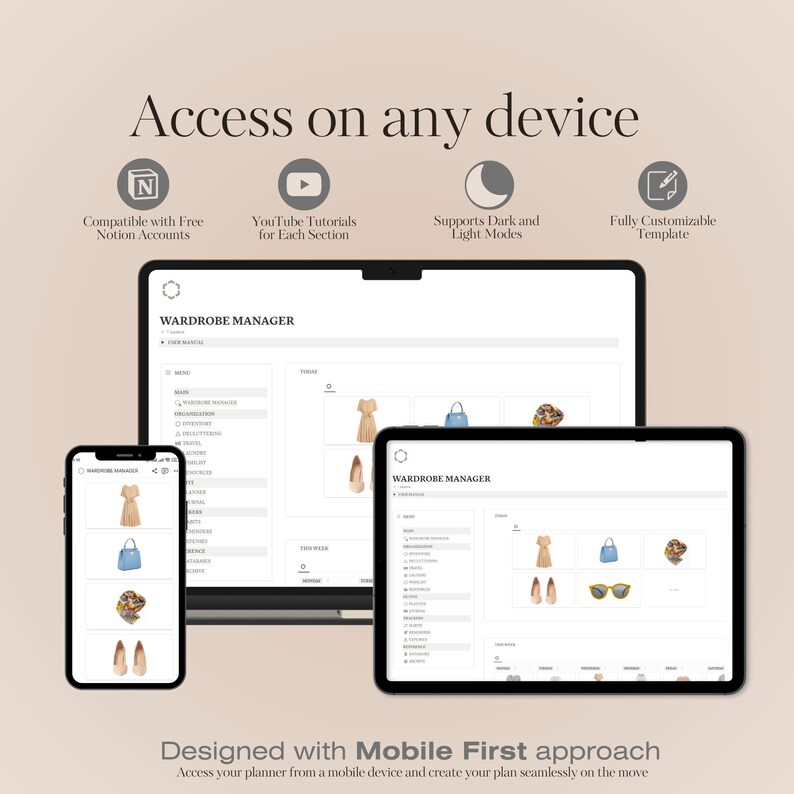 Wardrobe Manager Notion Template, Digital Wardrobe Planner, Clothing Tracker, Closet Declutter Cleanout Organizer, Travel Outfit Planner, Cost Per Wear, Outfit Tracker, Wardrobe Planner, Decluttering Planner, Notion Planner, Laundry Schedule, Fashion