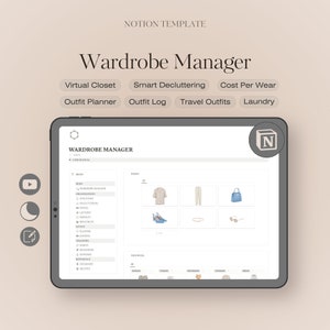 Pode incluir: Uma captura de tela de um modelo Notion para um gestor de guarda-roupa. O modelo inclui seções para um armário virtual, um decluttering inteligente, o custo por uso, um planejador de roupas, um registro de roupas, roupas de viagem e lavanderia. O modelo também inclui uma seção para esta semana, com os dias da semana listados no topo.
