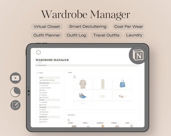 Wardrobe Manager Notion Template, Digital Wardrobe Planner, Clothing Tracker, Closet Declutter Cleanout Organizer, Travel Outfit Planner