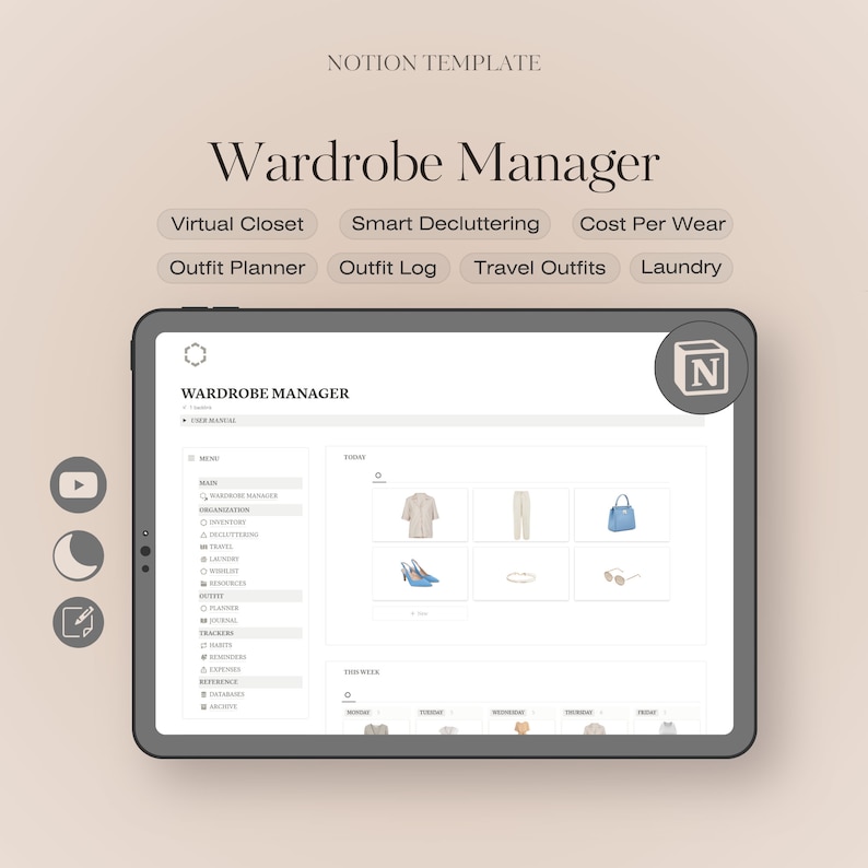 Wardrobe Manager Notion Template, Digital Wardrobe Planner, Clothing Tracker, Closet Declutter Cleanout Organizer, Travel Outfit Planner, Cost Per Wear, Outfit Tracker, Wardrobe Planner, Decluttering Planner, Notion Planner, Laundry Schedule, Fashion