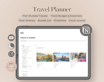 Travel planner Notion template, Digital travel itinerary planner, Vacation itinerary template, Travel budget & expense tracker, Packing List