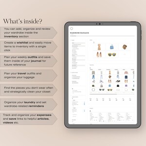 Wardrobe Manager Notion Template, Digital Wardrobe Planner, Clothing Tracker, Closet Declutter Cleanout Organizer, Travel Outfit Planner, Cost Per Wear, Outfit Tracker, Wardrobe Planner, Decluttering Planner, Notion Planner, Laundry Schedule, Fashion