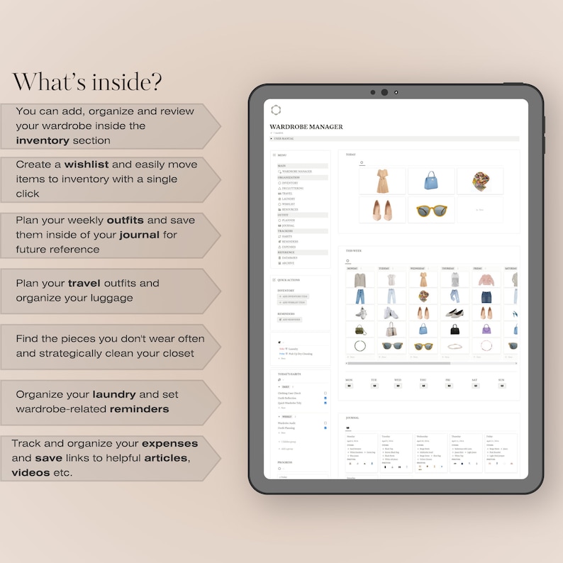 Wardrobe Manager Notion Template, Digital Wardrobe Planner, Clothing Tracker, Closet Declutter Cleanout Organizer, Travel Outfit Planner, Cost Per Wear, Outfit Tracker, Wardrobe Planner, Decluttering Planner, Notion Planner, Laundry Schedule, Fashion