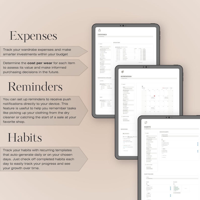 Wardrobe Manager Notion Template, Digital Wardrobe Planner, Clothing Tracker, Closet Declutter Cleanout Organizer, Travel Outfit Planner, Cost Per Wear, Outfit Tracker, Wardrobe Planner, Decluttering Planner, Notion Planner, Laundry Schedule, Fashion