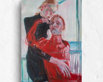 Oeuvre d&#39;art contemporaine en acrylique fabriquée à la main : décoration murale originale avec des tons rouges audacieux et des personnages expressifs dans un contraste émotionnel